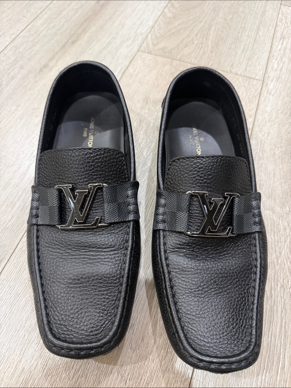 Louis Vuitton Black Pebbled Leather LV Buckle Slip-On Loafers